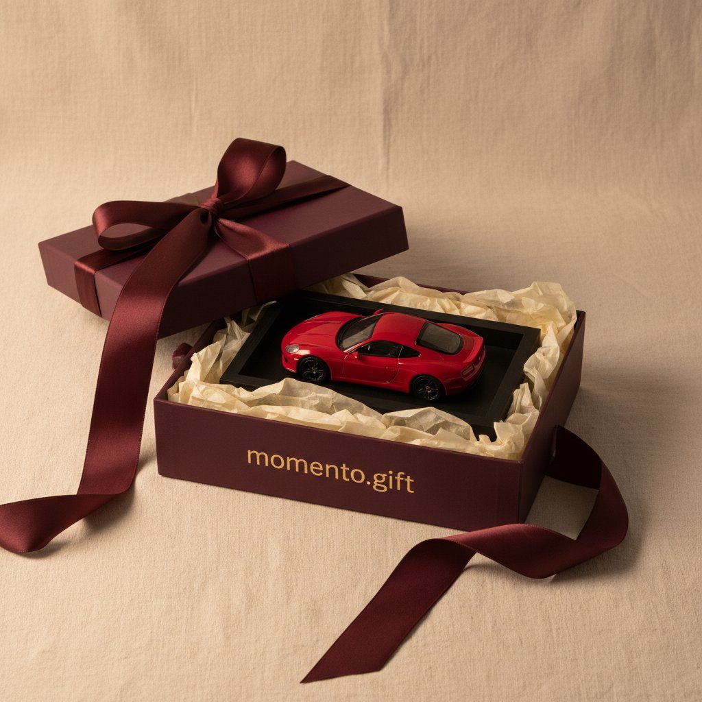 A framed red model car in a burgundy momento.gift box with satin ribbon