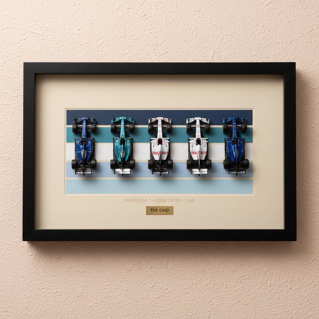 The Grid in Multi — scale model in a shadow-box frame with an engraved plaque