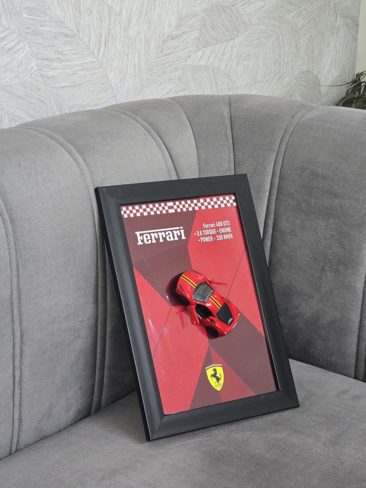 Ferrari 488 GT3 in Rosso — scale model in a shadow-box frame with an engraved plaque
