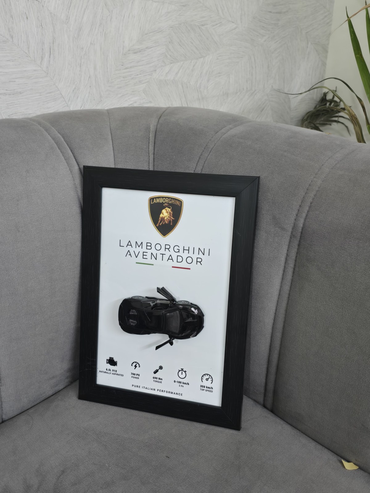 lamborghini aventador in Black — scale model in a shadow-box frame with an engraved plaque