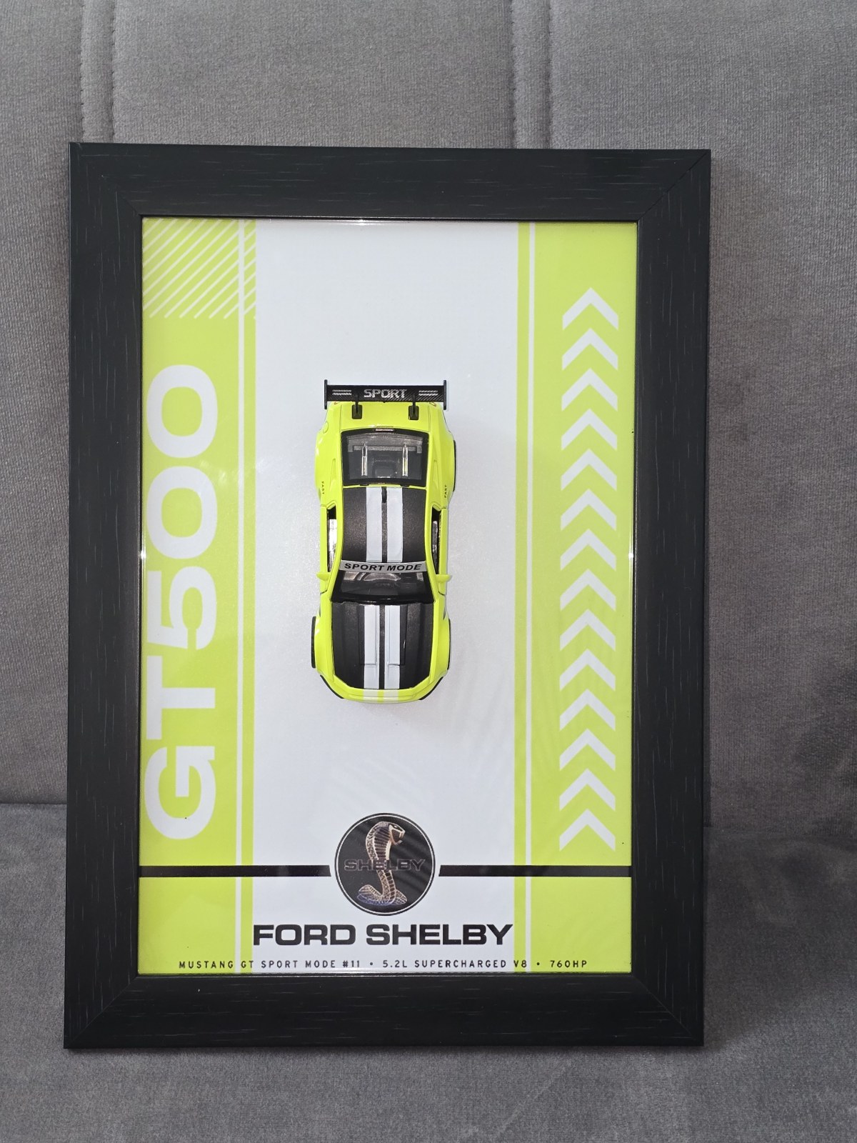 Ford Mustang Shelby GT500 in Neon green — scale model in a shadow-box frame with an engraved plaque